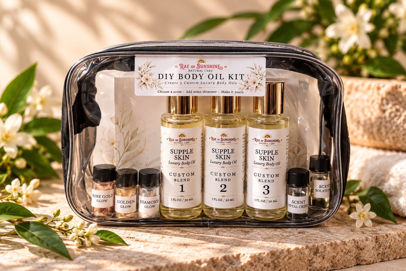 DIY Body Oil Kit with three bottles, fragrances and shimmer options