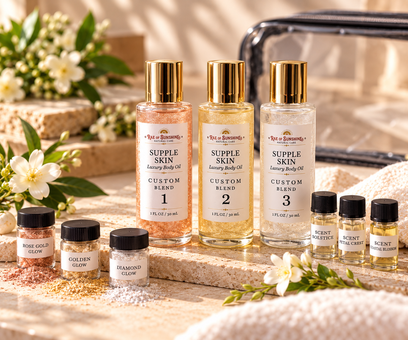DIY Body Oil Kit with three bottles, fragrances and shimmer options